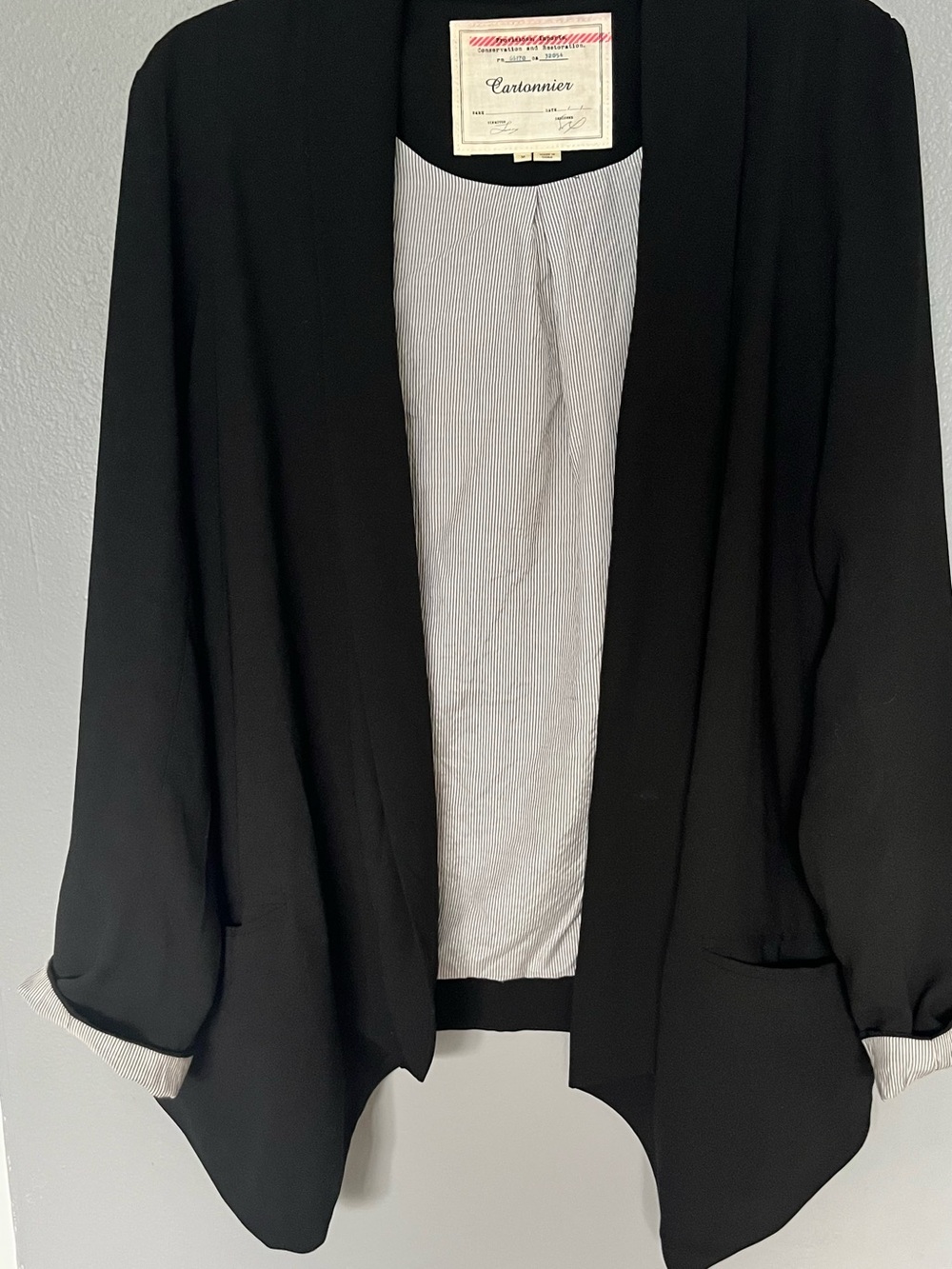 Cartonnier Anthropology Black Open-Front Women's Cardigan with Striped Lining